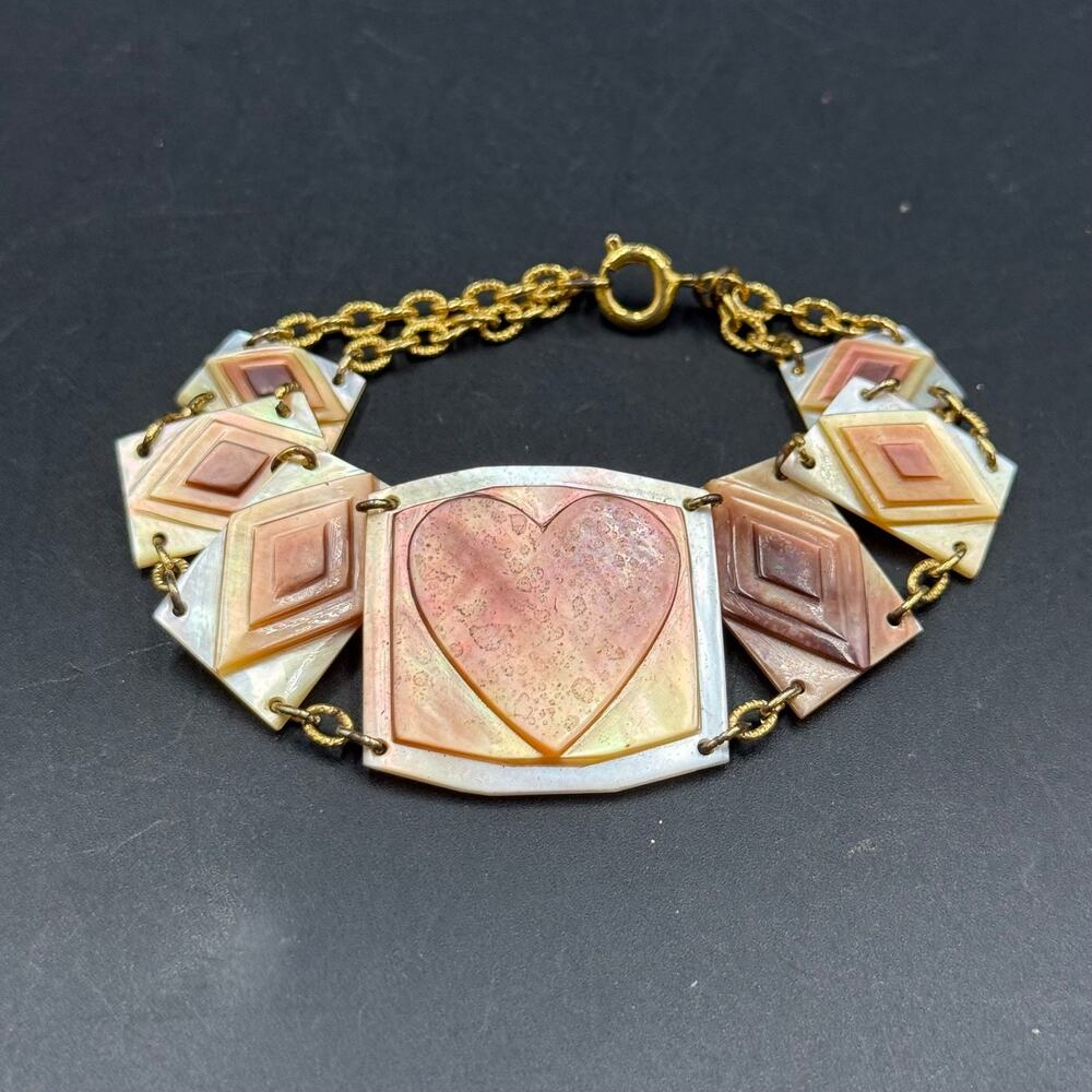 Vintage Carved Mother of Pearl Abalone Shell Bracelet Gold Tone Heart Panel